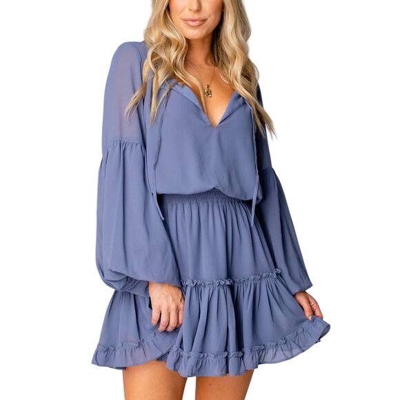 Buddy Love Mini Dress Womens M Blue V-Neck Tiered Long Sleeve Ruffle Cottagecore - Picture 1 of 8